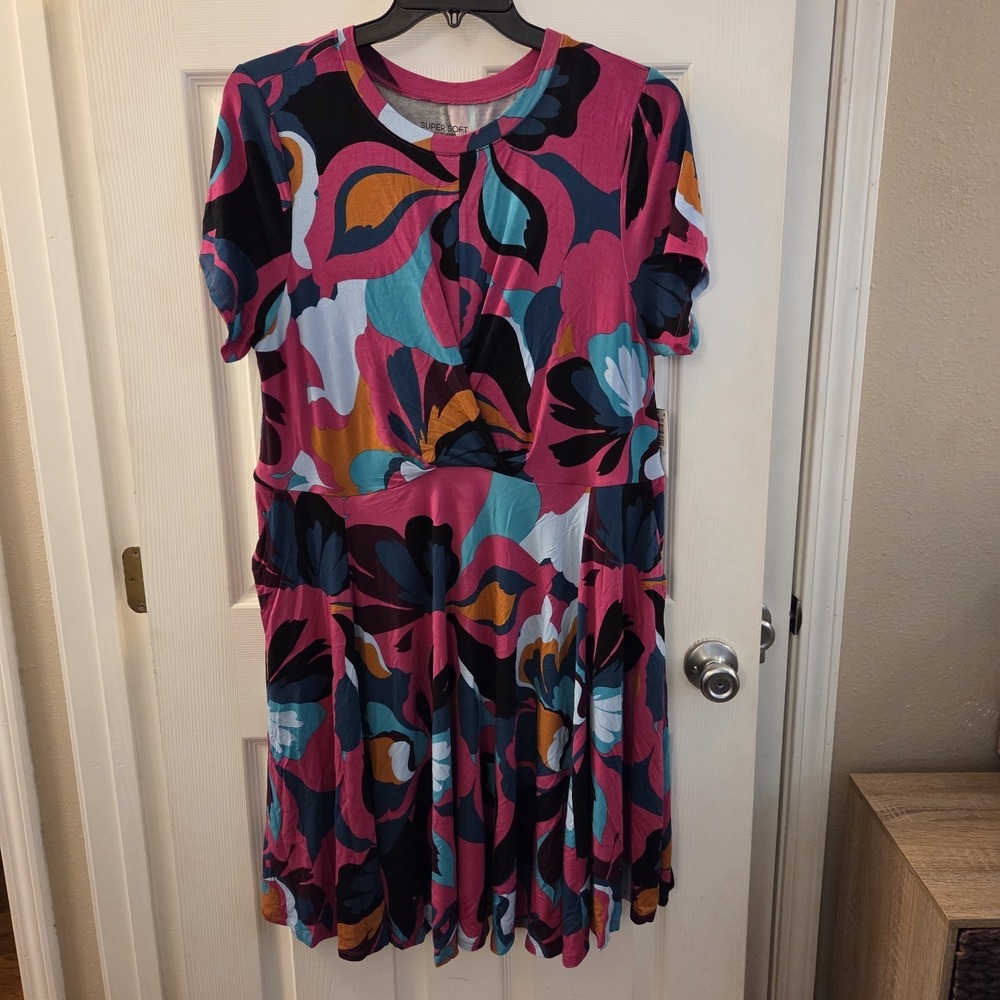 Torrid sz 2 ss drape front colorful floral dress NWT super soft jersey casual
